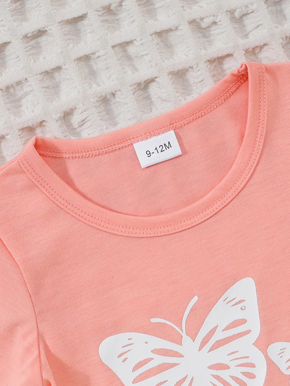 Summer Baby Girls 9-12M Pink Butterfly Print Short Sleeve T-Shirt & Gray Elastic Waist Shorts 2Pcs Set