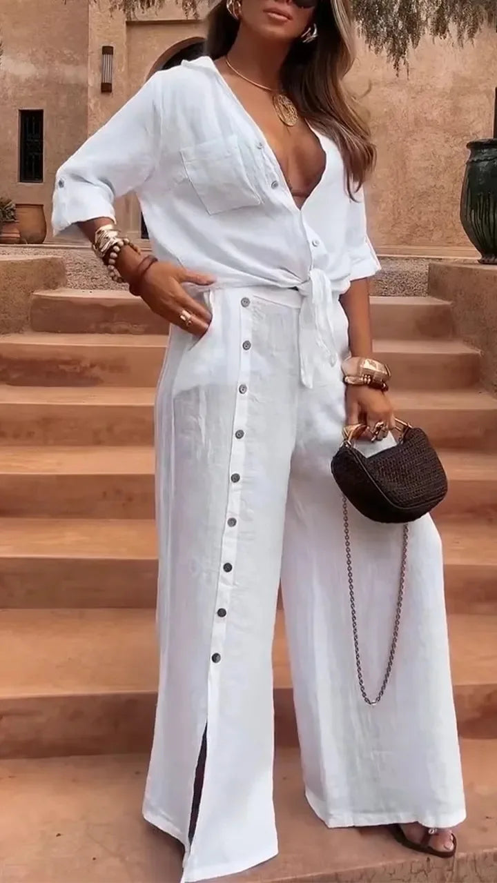 2026 New Fashion Casual Irregular Two-piece Sets Loose Short-sleeved Mid-sleeve Shirt Blouse Button-down Wide-leg Pants Suits
