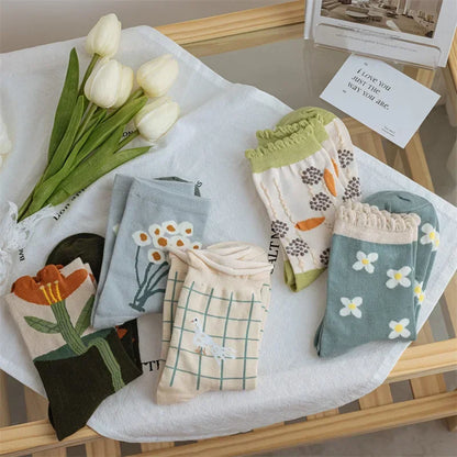 New Style Crew Socks for Women Spring Fashion Cute Flower Long Cotton Socks Japanese Style Breathable Casual Trendy Absorb Sweat