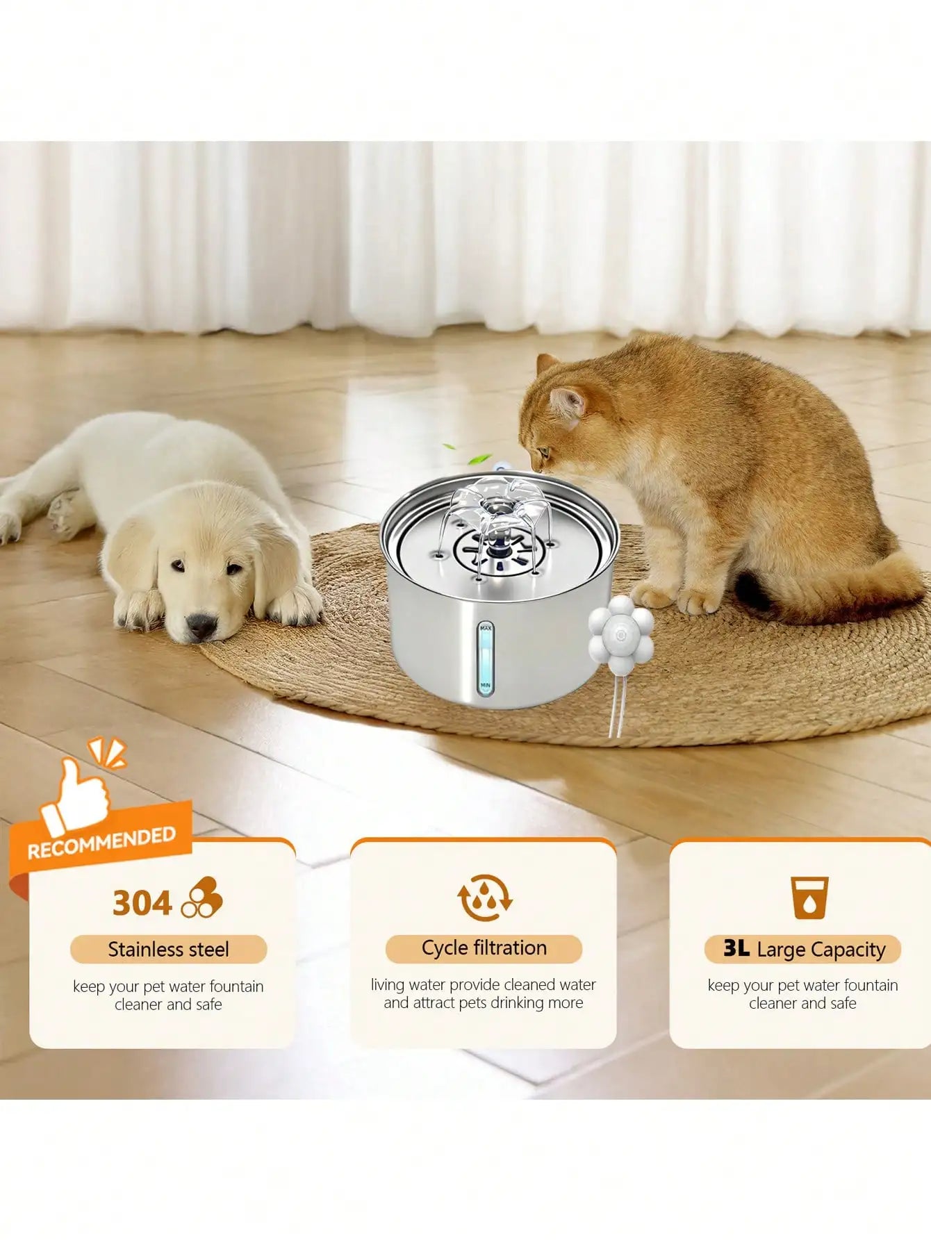 3L/101.45oz/0.793Gallon Stainless Steel Automatic Cat Water Drinker | Quiet USB Powered Pet Feeder with Water Level Indicator