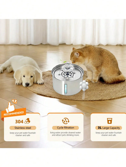 3L/101.45oz/0.793Gallon Stainless Steel Automatic Cat Water Drinker | Quiet USB Powered Pet Feeder with Water Level Indicator