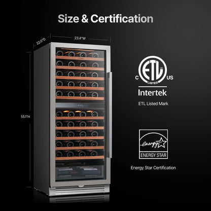90 Bottles Dual Zone Wine Cooler Fridge 275L Built-in Wine Refrigerator Dual NTC Sensor Electronic Temperature Control 5-18℃ ETL Energy Star Certified 41dB Low Noise Wine Cabinet for Home Bar Kitchen