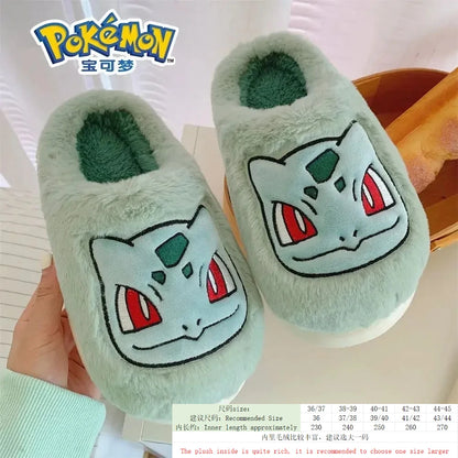 Popular anime Pokemon Pikachu Eevee Couple Cotton Slippers Winter Cute Cartoon Men Women Shoes with Velvet Insulation Anti slip