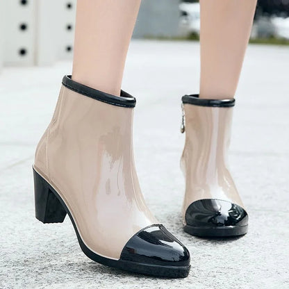 Luxury Designer Women Chunky Rain Boots Heels Rubber Shoes Waterproof Pvc Garden Work Galoshes Ankle Boot Rain Shoes Footwear