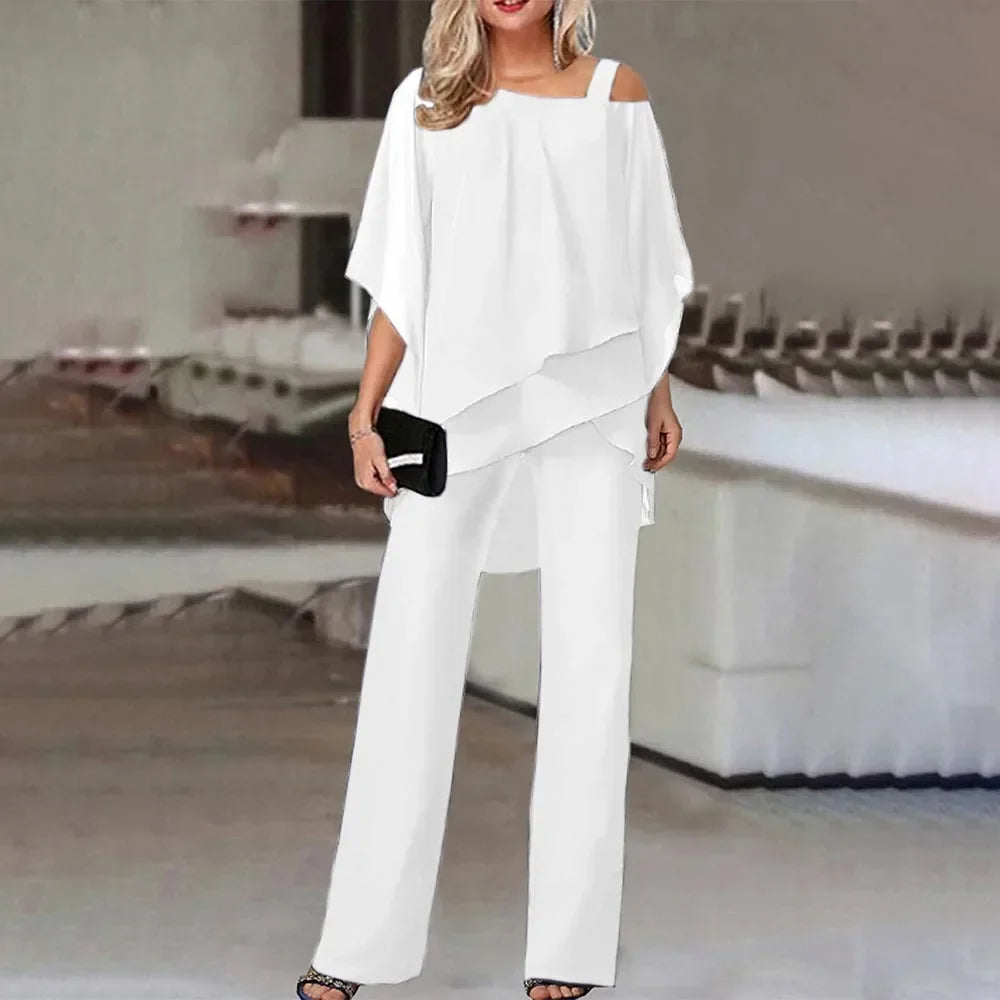 New Matching Collection Fashion Women's Bat Sleeve Top Casual Off Shoulder Party Elegant Wide Leg Pants Women's Two Piece Set