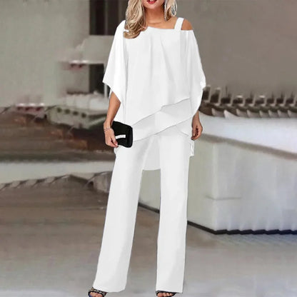 New Matching Collection Fashion Women's Bat Sleeve Top Casual Off Shoulder Party Elegant Wide Leg Pants Women's Two Piece Set
