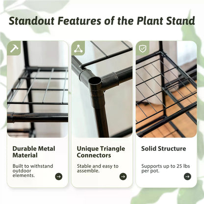 Large Plant Stand Indoor Outdoor Metal Plant Shelf Waterproof Plant Rack For Multiple Plants Wide Flower Stand For Patio Balcony Garden Black
