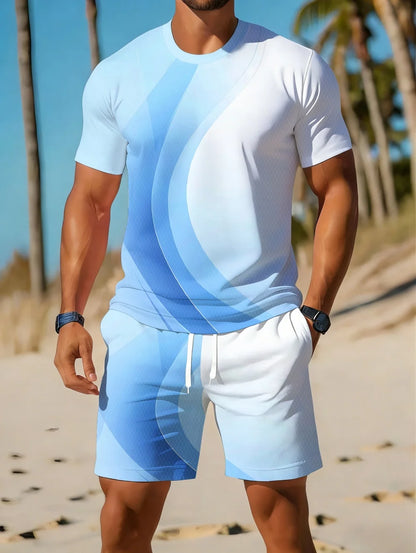Men's Classic Stripe Printed T-Shirt Shorts Set Plus Size Short Sleeve T-Shirt and Drawstring Shorts Summer Casual Two Piece Set