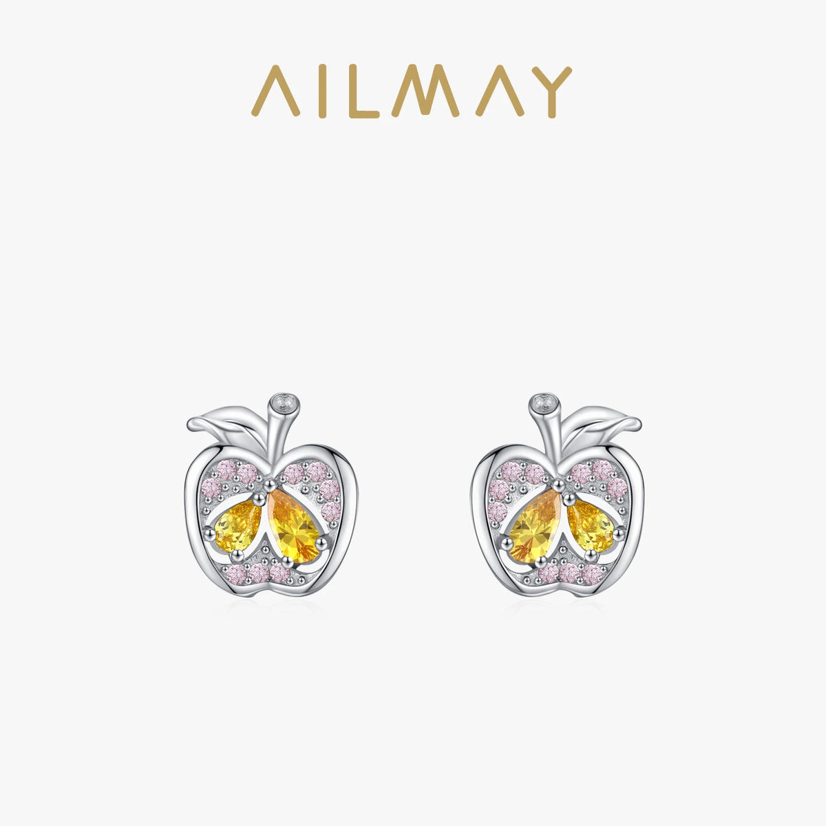 Ailmay Real 925 Sterling Silver Cute Fine Apple Rainbow Zirconia Fruit Stud Earrings For Women Girls Party Accessories Jewelry