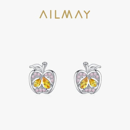 Ailmay Real 925 Sterling Silver Cute Fine Apple Rainbow Zirconia Fruit Stud Earrings For Women Girls Party Accessories Jewelry