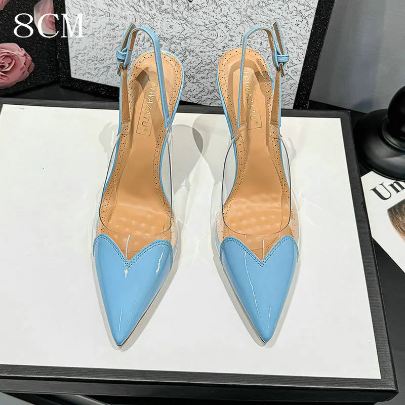 2026 Summer New Fairy-style Heart-shaped Pointed Toe Thin Heel Sandals for Women Transparent Patchwork Headpiece Back High Heels