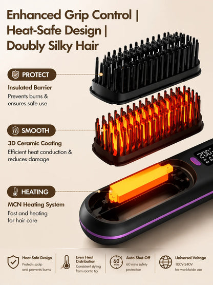 Portable Hair Straightener Brush USB Charging Cordless Hot Comb Ceramic Coating Ionic Anti Frizz Styling Tool
