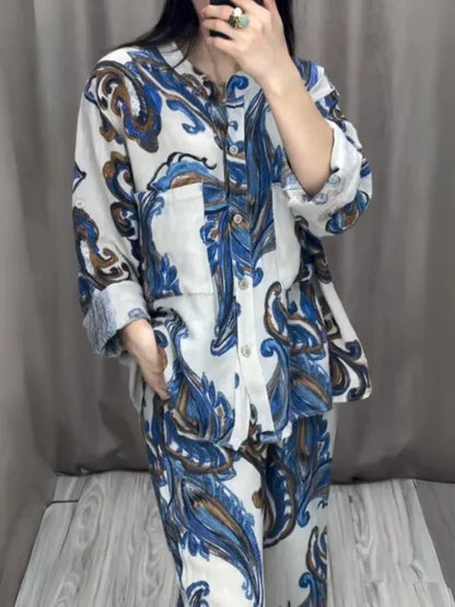 Fashion Printed Single Breasted Boho Shirt Elegant O-neck Single Breasted Shirt Wide Legs Trousers Office Commuter Two-piece Set