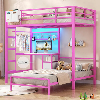 Twin Over Twin Bunk Bed,Built-in Desk & Charging Station & LED Lights with Storage Drawers,Bedroom Furniture, Custom