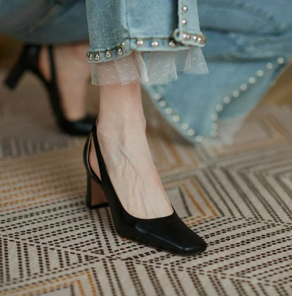 Woman Footwear Office High Heels Black Square Toe Block Heel On Heeled Luxury Leather Casual Pumps Chunky Shoes For Women L Y2k