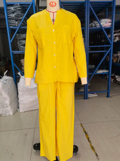 Autumn Cotton And Linen Pant Sets Women Fashion Long Sleeve Shirts Lace Up Pant Two Piece Set Casual Loose Wide Leg Pants Suit