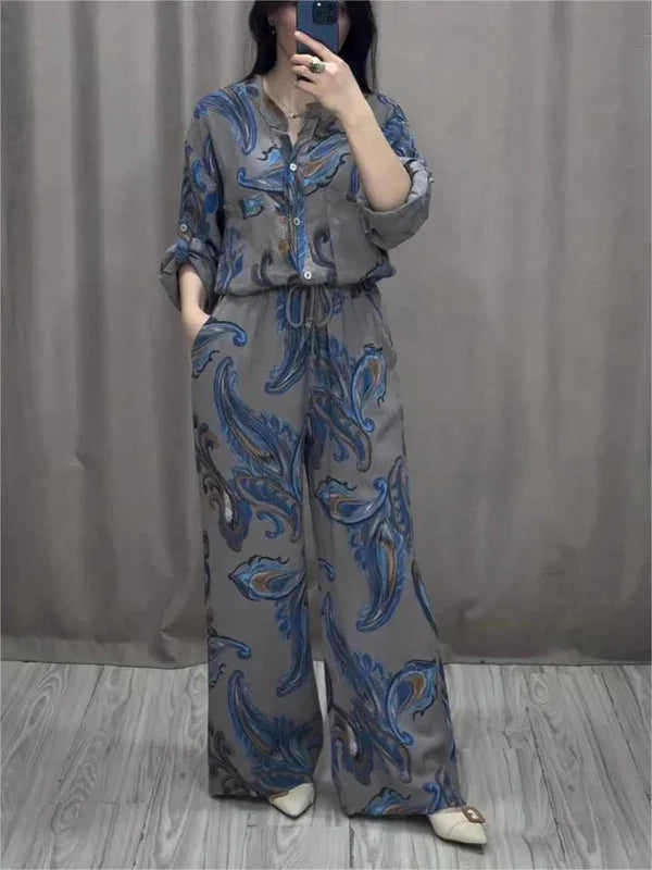 Fashion Printed Single Breasted Boho Shirt Elegant O-neck Single Breasted Shirt Wide Legs Trousers Office Commuter Two-piece Set