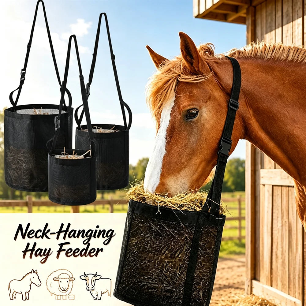 Horse hay feeding bag with adjustable neck, portable outdoor pet animal feed bag, easy to carry, suitable for horses, cattle, sheep, mules, and donkeys