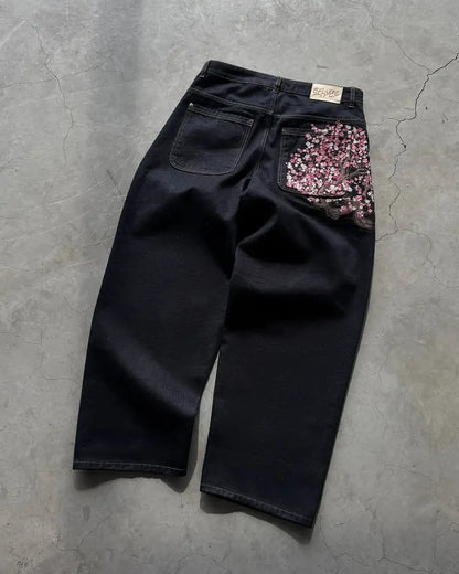Sakura embroidered jeans Personalized street fashion wide legs wide legs multifunctional washing spread couple hip hop pants