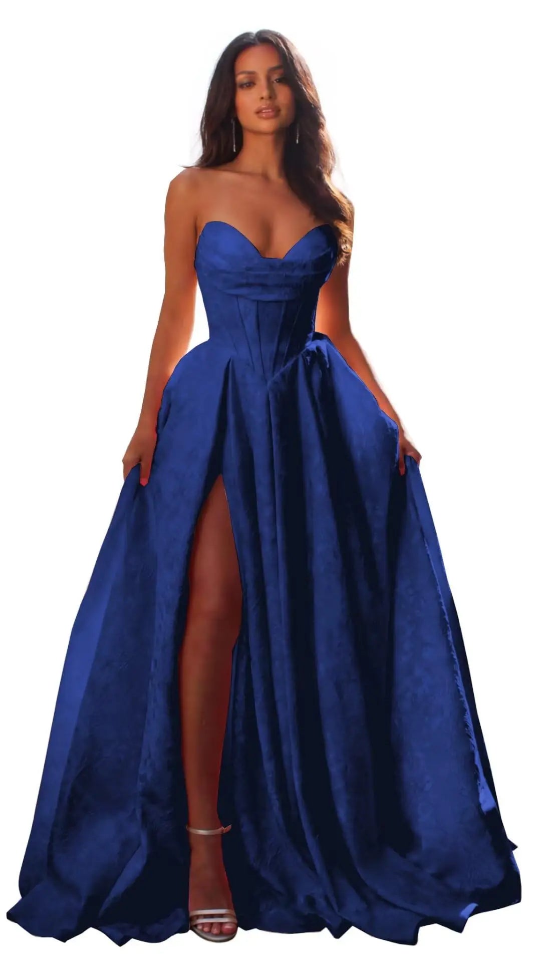 Jacquard Satin Prom Dresses with Slit Strapless Corset A Line Long Formal Gowns Party Evening Gown Formal Dress Women Elegant