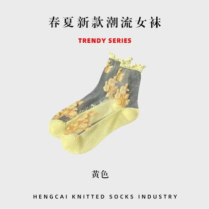 Transparent Crystal Silk Socks Women Fashion Ultra-thin Summer Harajuku Crew Socks Flower Streetwear Elastic Long Mesh Socks