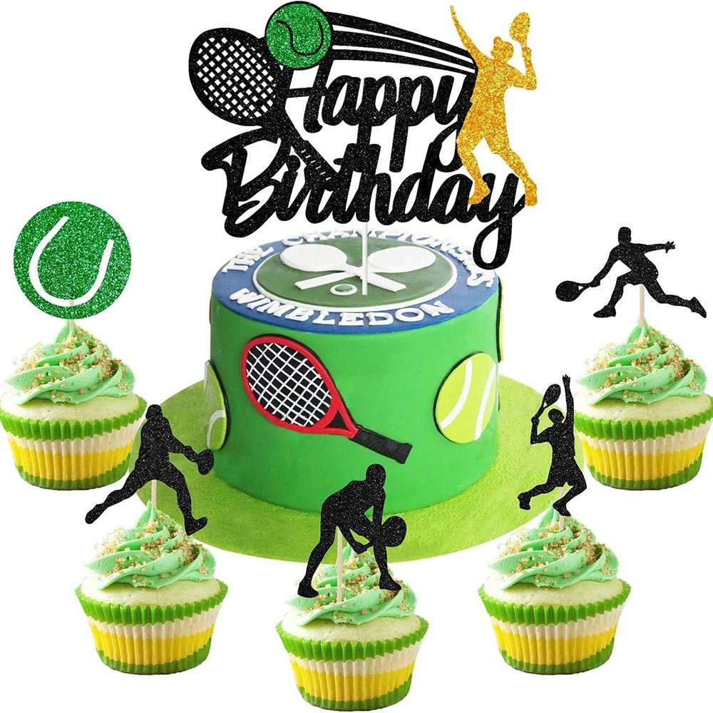 Tennis Cake Topper Happy Birthday Sign Cake Decorations Boy Man Tennis Racket Ball Player Sport Theme Birthday Party Supplies