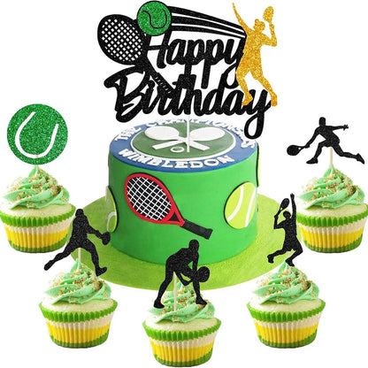 Tennis Cake Topper Happy Birthday Sign Cake Decorations Boy Man Tennis Racket Ball Player Sport Theme Birthday Party Supplies