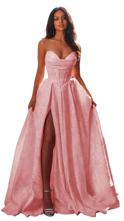 Jacquard Satin Prom Dresses with Slit Strapless Corset A Line Long Formal Gowns Party Evening Gown Formal Dress Women Elegant