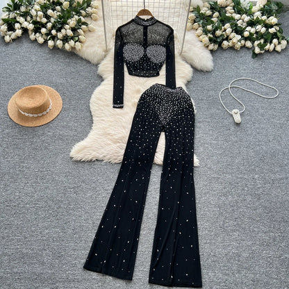 Fashion See Through Mesh Rhinestone Chic Long Sleeve Slim Short Top High Waist Wide Leg Pants Evening High Street Two-piece Sets