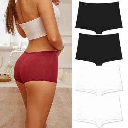 4PCS/Set Women Cotton Panties Sexy Low Rise Boyshorts Seamless Sports Boxers Female Comfortable Underwear Solid Color Lingerie