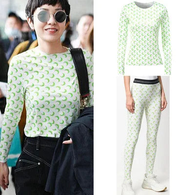 Sweet Two Piece Set Women American Retro Layered Outfit Long Sleeve Moon Print Top Ice Silk Pants Sexy Casual Autumn Fashion
