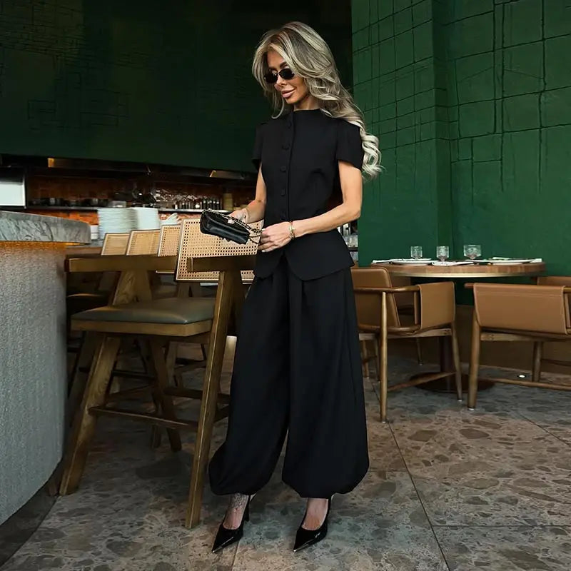 Elegant Short Sleeve Top Pants Set Women's Solid Single-breasted O Neck Waist-cinching Tops Loose Lantern Trousers 2026 Outfits