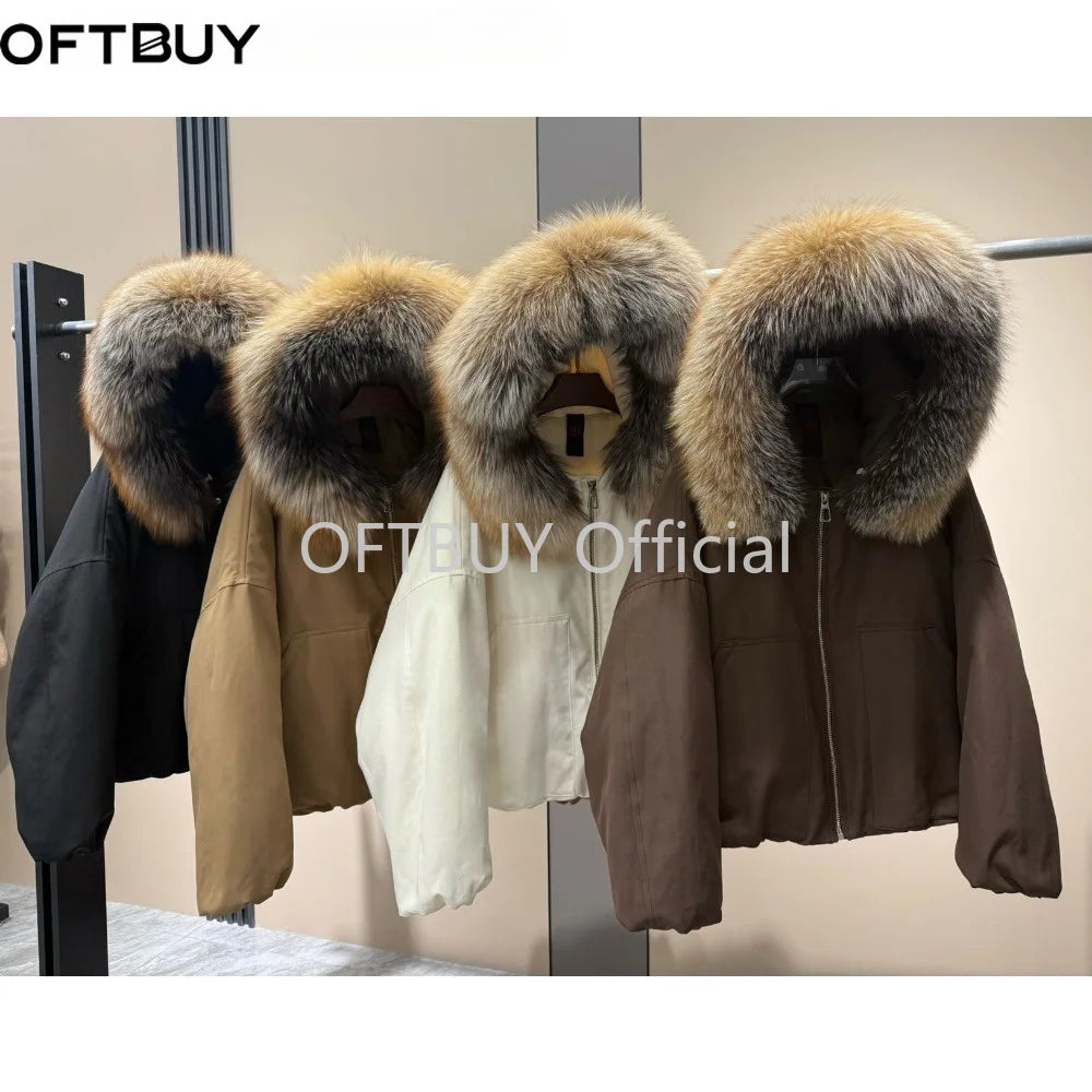 OFTBUY Real Fox Fur Collar Goose Down Jacket Women Cropped Hooded Coat Winter Warm Zipper Natural Fox Fur Thick Outerwear