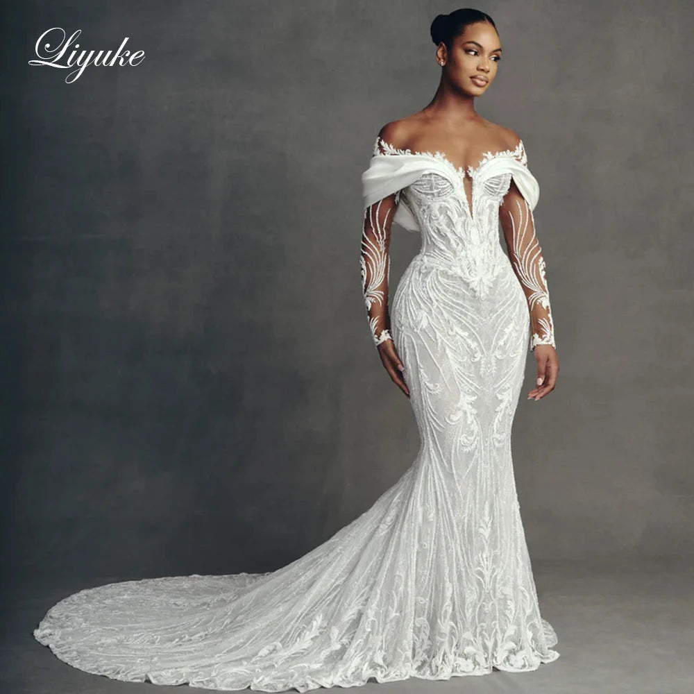 Liyuke Custom Made Luxury Embroidery Mermaid Wedding Dresses Robe De Marriage Removable Train 2 In 1 Lace Trumpet Bridal Gowns