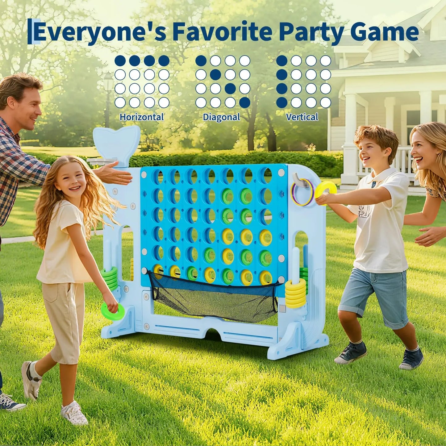 Giant 4 In A Row Game, Adjustable 4-to-Score Board With Quick Release, Basketball Golf Ring Toss, Indoor Outdoor Party Games