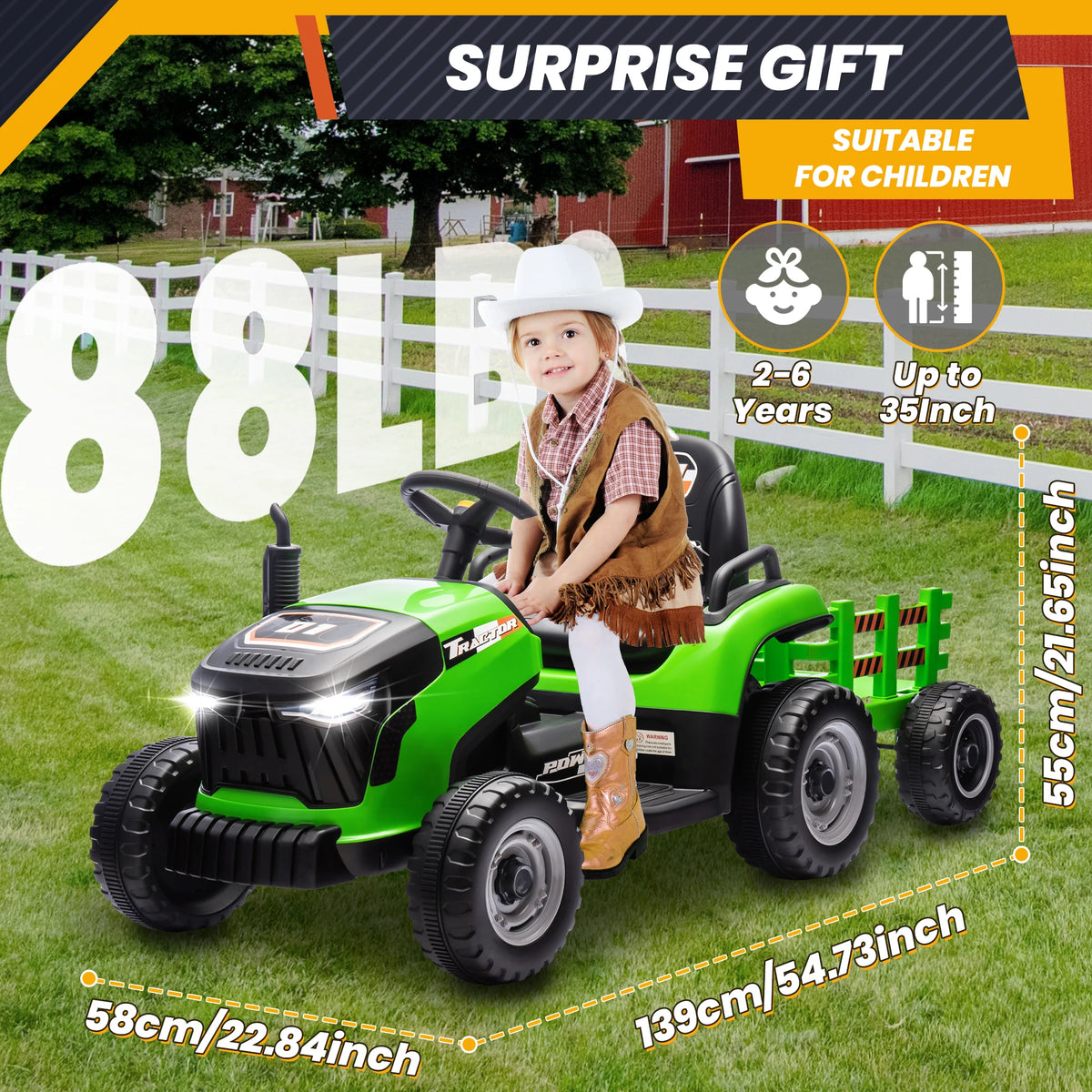24V Ride On Tractor for Kids, Electric Ride On Toys W/400W Motors, Tiltable & Detachable Trailer, Adjustable Seat, Bluetooth, Mu