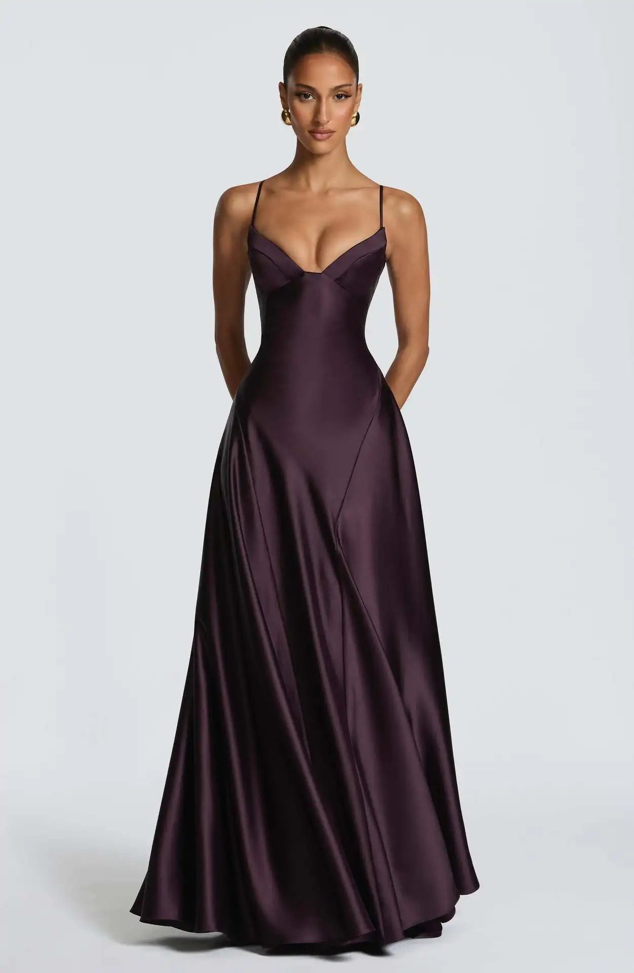Solid Color Satin Bustier Women Maxi Dress Fashion Yellow Spaghetti Strap V Neck Waist-cinching Dresses 2026 New Party Vestidos
