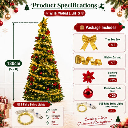 Green PVC Christmas Tree 1.5/1.8/2.1M Pre-Decorated Bow Topper Flowers,Foldable Xmas Tree Optional USB Lights Holiday Home Decor
