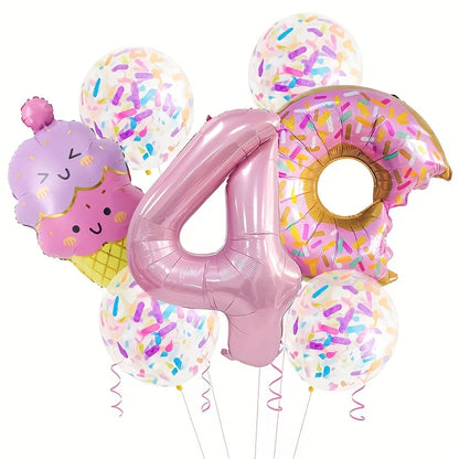 7-Piece Set of Cute Pink Donut Candy Foil Balloons 40inch Ice Cream Themed Birthday Party Scene Decoration Photo Props Indoor and Outdoor Decoration Cool Summer Gifts Anniversary Supplies, Halloween Decorations, Christmas Dec