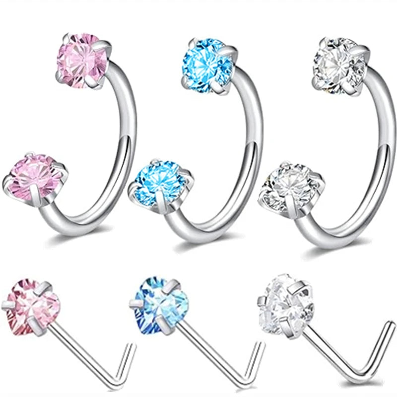 6/2pcs Horseshoe Nose Rings With L-Shape Nose Stud, Stainless Steel Rianbow CZ Nose Ring,, Lip Eyebrow Helix Ear Piercing