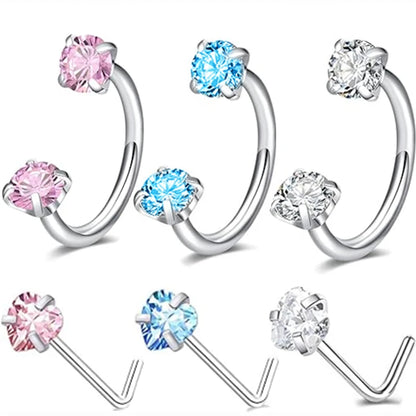 6/2pcs Horseshoe Nose Rings With L-Shape Nose Stud, Stainless Steel Rianbow CZ Nose Ring,, Lip Eyebrow Helix Ear Piercing