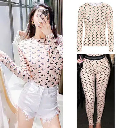 Sweet Two Piece Set Women American Retro Layered Outfit Long Sleeve Moon Print Top Ice Silk Pants Sexy Casual Autumn Fashion
