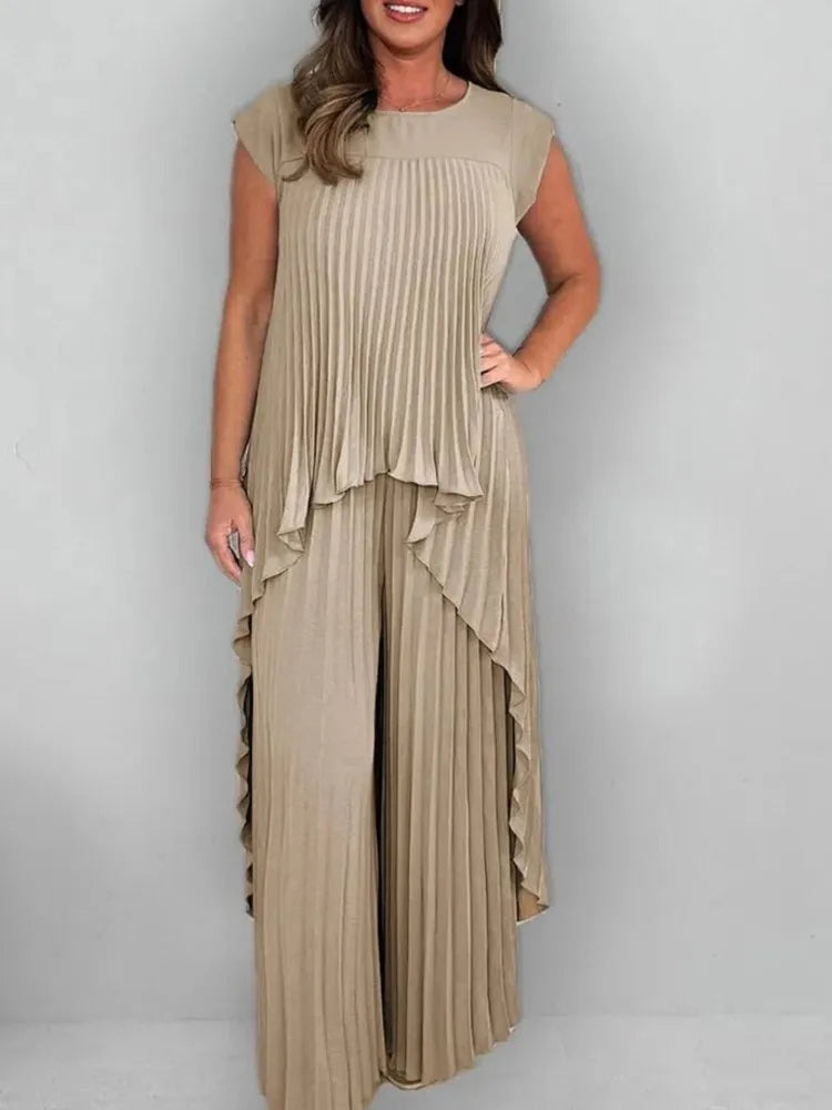 Summer Solid Casual Holiday Two Piece Sets Elegant Women Pleated Irregular O Neck Sleeveless Top + Wide-leg Pants Loose Outfits
