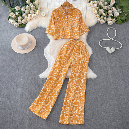 Beach Style Fashion Printed Women Pant Sets 2pcs Short Chiffon Shirts+Wide Leg Pants 2025 New Summer Casual Loose Female Suits