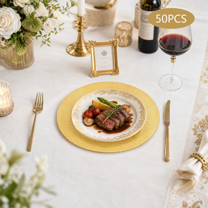Gold Round Charger Plates Set 50Pcs PP Reusable Serving Plates For Wedding Banquet Hotel Restaurant Party Table Decor