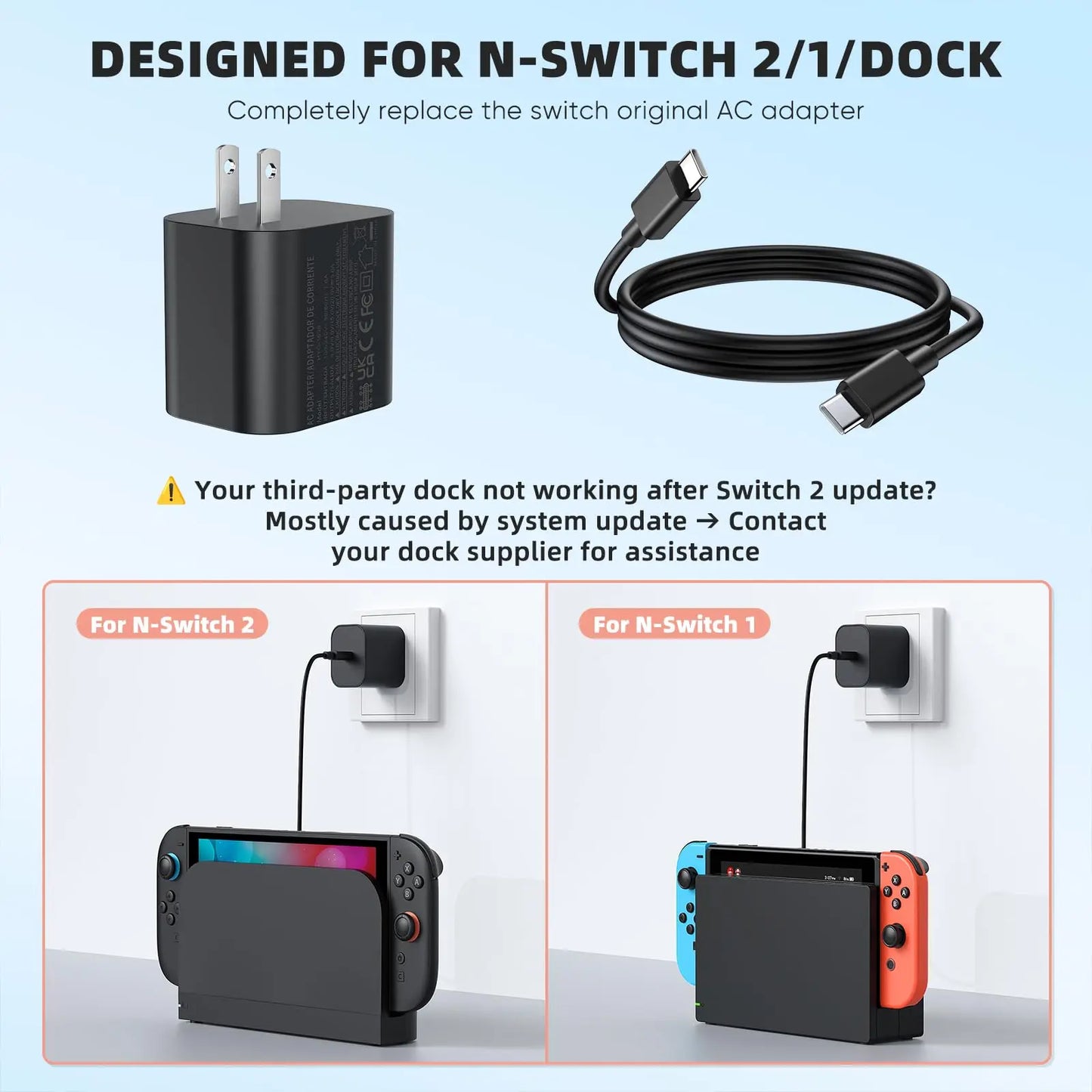 AC Power Supply Adapter for Switch 2 EU/US/UK/AU Plug Game Console 60W Charging USB Type C Power Supply Charging Game Accessory