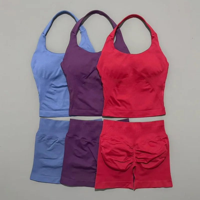 2 Pieces Shorts Yoga Set Women Backless Halter Tops High Waist Seamless Shorts Gym Suit Fitness Sportswear Workout Sets