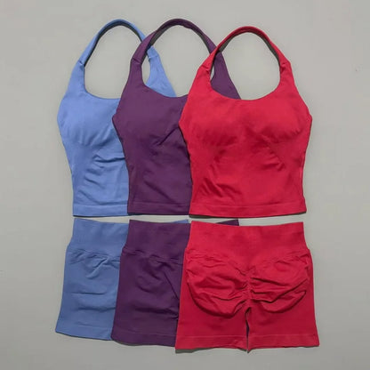 2 Pieces Shorts Yoga Set Women Backless Halter Tops High Waist Seamless Shorts Gym Suit Fitness Sportswear Workout Sets