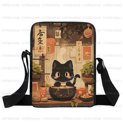 Japanese Black Cat Eating Ramen Print Crossbody Bag Women Shoulder Bag for Travel Phone Wallet Holder Teenager Messenger Bags