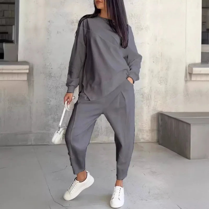 Autumn Winter Solid Color Casual Loose Irregular Long Sleeve Hoodie Women's Suit Fashion Simple Harun Pants Female 2 Piece Set